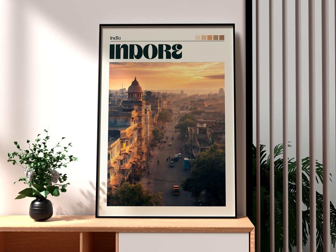 Indore India Historic City Street Sunset Skyline Travel Poster