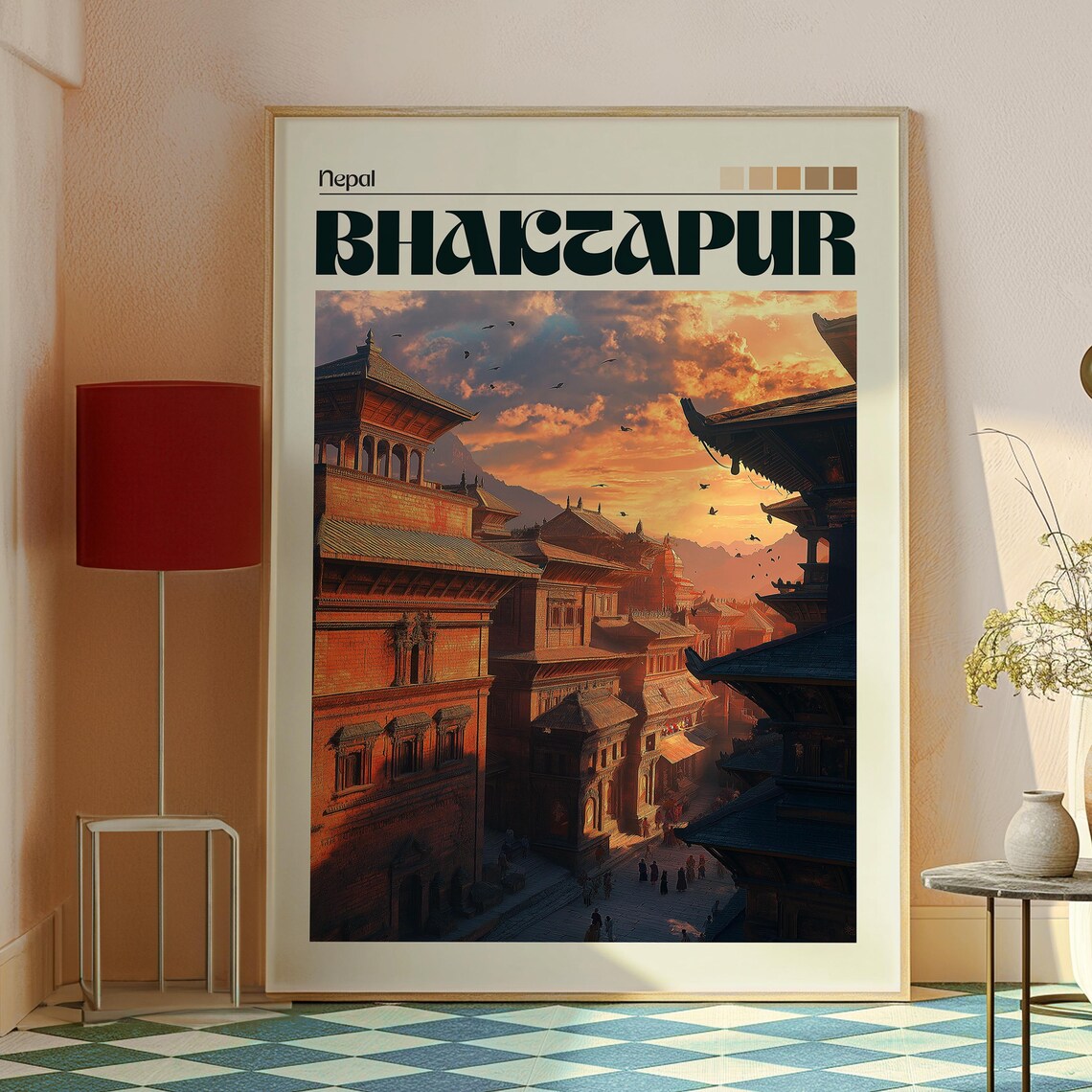Bhaktapur Nepal Ancient Temple Square Sunset Sky Travel Poster - Image 2