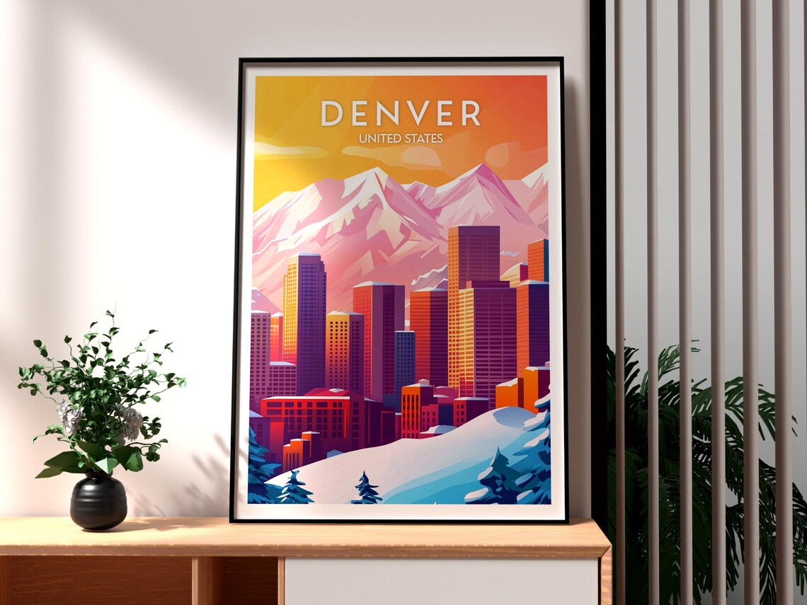 Denver Colorado Skyline Snowy Peaks Orange Sky Travel Poster