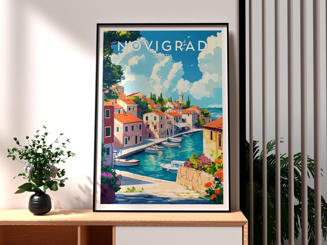 Novigrad Croatia Harbor Sailboats Red Roofs Coastal Town Travel Poster