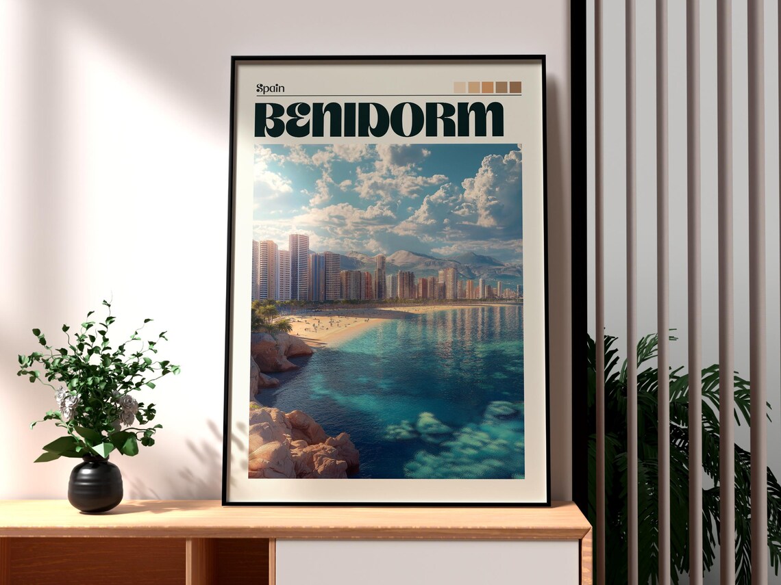 Benidorm Spain Beachfront Skyline Sea View Coast Travel Poster