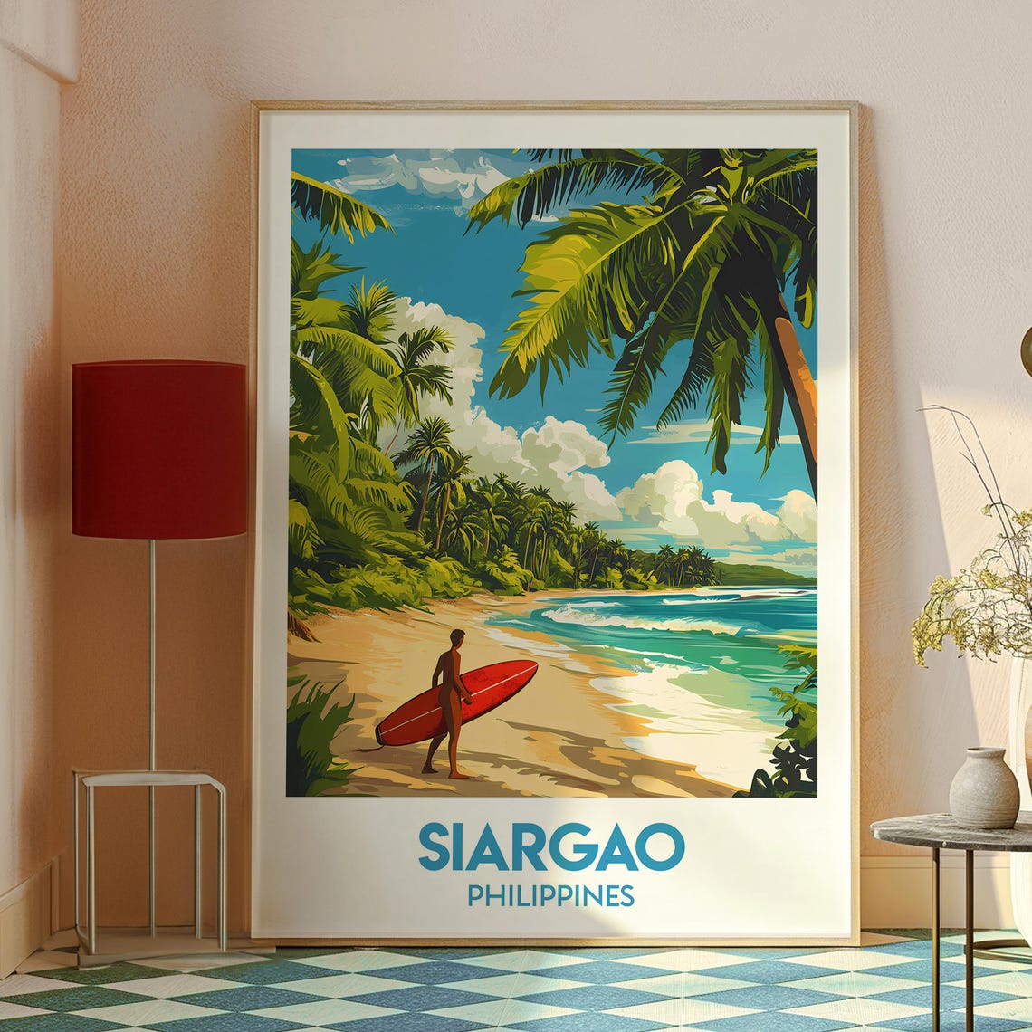 Siargao Philippines Surf Beach Palm Trees Red Board Travel Poster - Image 2