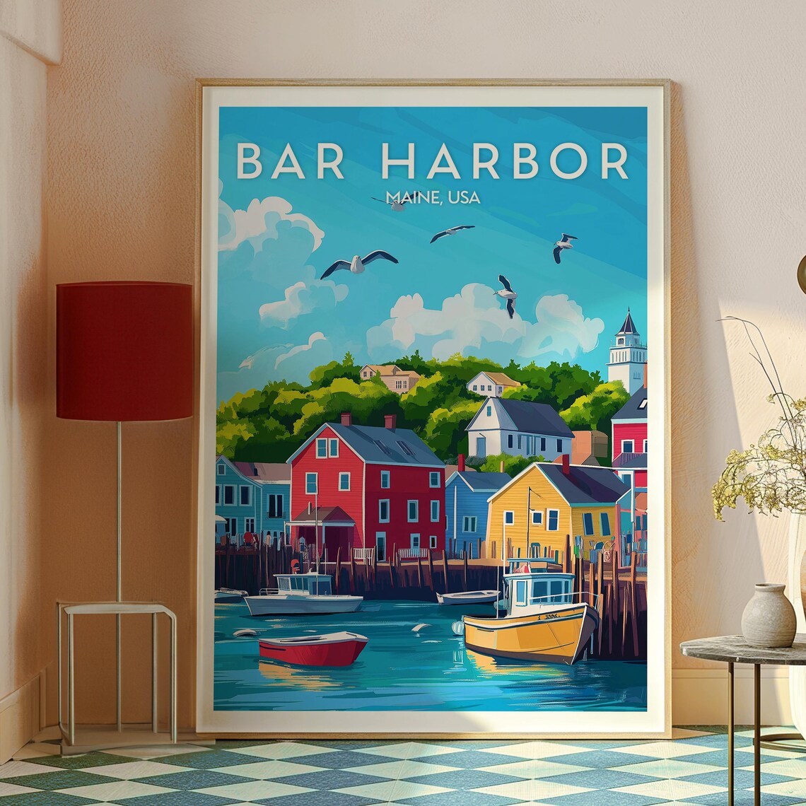 Bar Harbor Maine USA Seagulls Over Harbor Vintage Travel Poster - Image 2