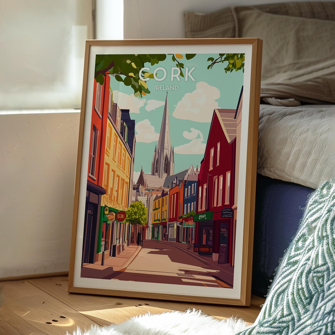 Cork Ireland Colorful Street Church Spire City Center Travel Poster - Image 3
