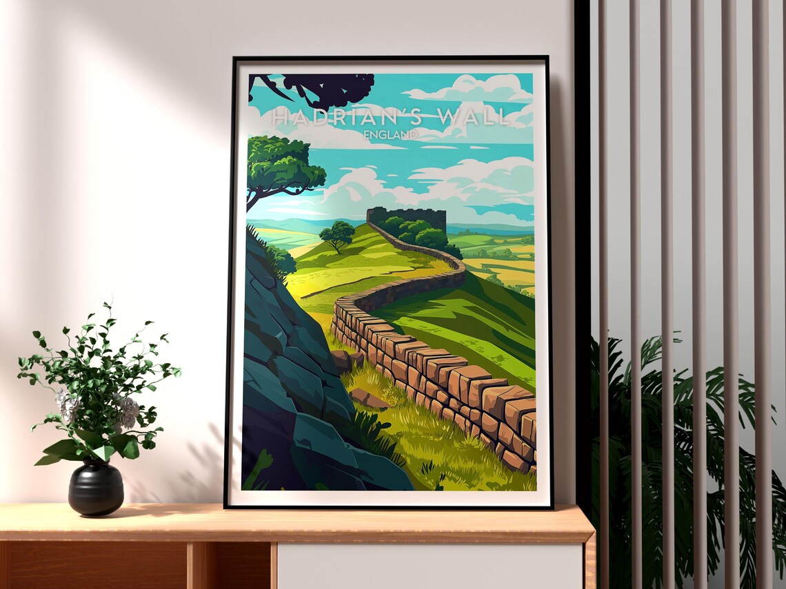 Hadrian's Wall England Rolling Hills Fort Sunset Travel Poster
