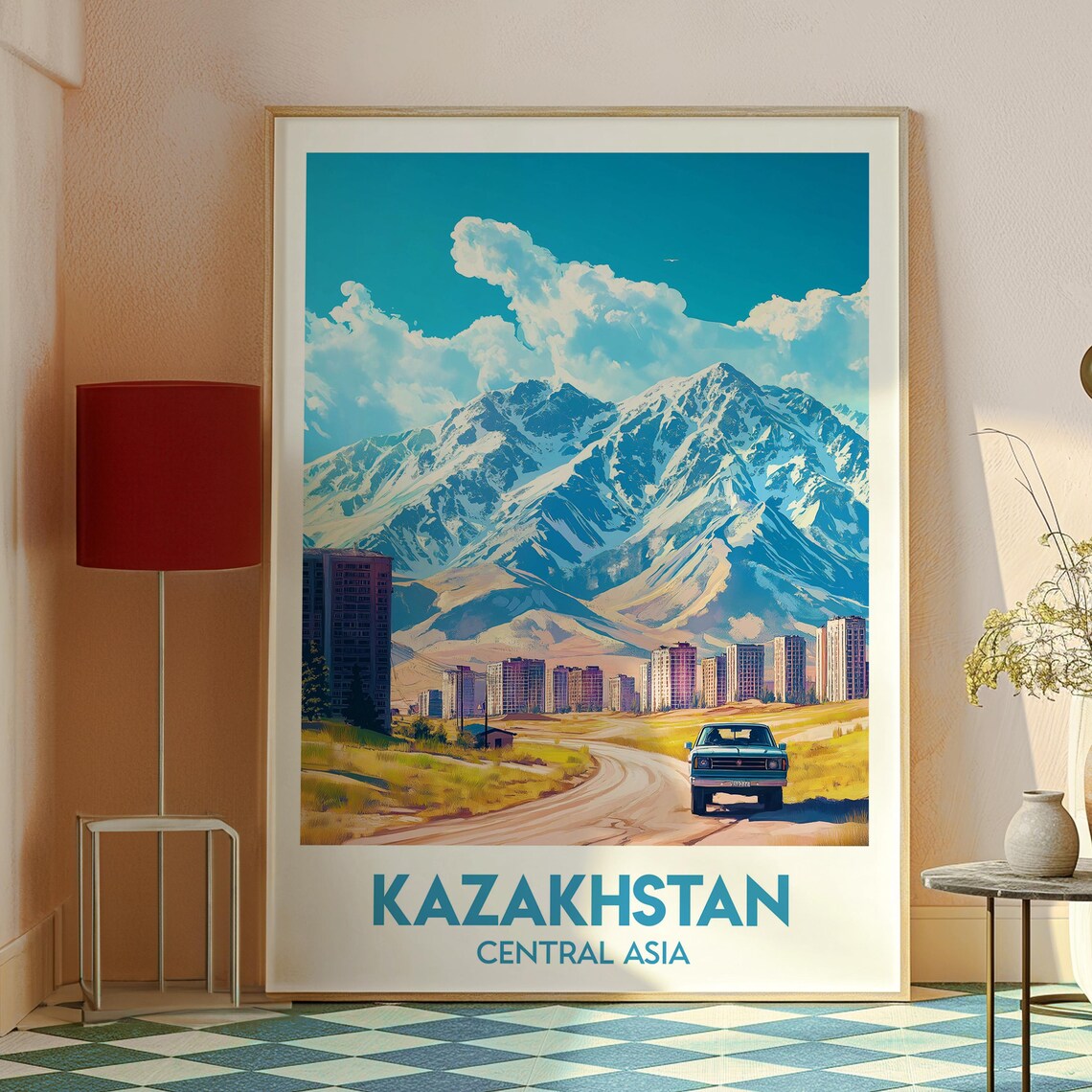 Kazakhstan Central Asia Snowy Peaks Vintage Mountain Road Poster - Image 2
