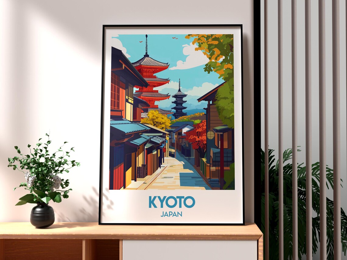 Kyoto Japan Pagoda Old Town Lantern Street Autumn Maples Travel Poster