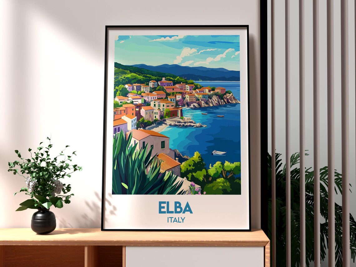 Elba Italy Vintage Travel Poster Mediterranean Coast Town Scene