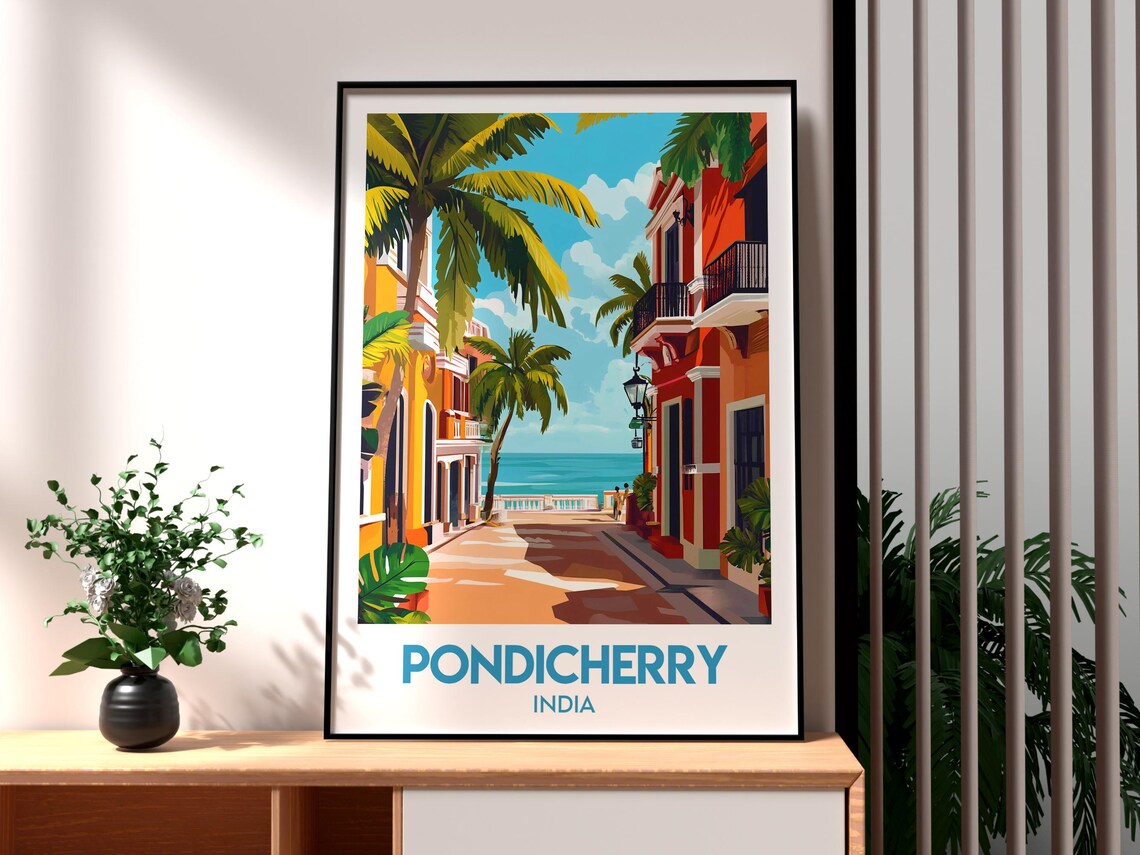 Pondicherry India Colonial Street Palms Seaside Retro Travel Poster