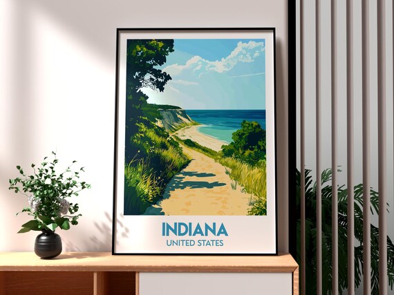 Indiana USA Sandy Beach Path Dune Coast Morning Scene Poster