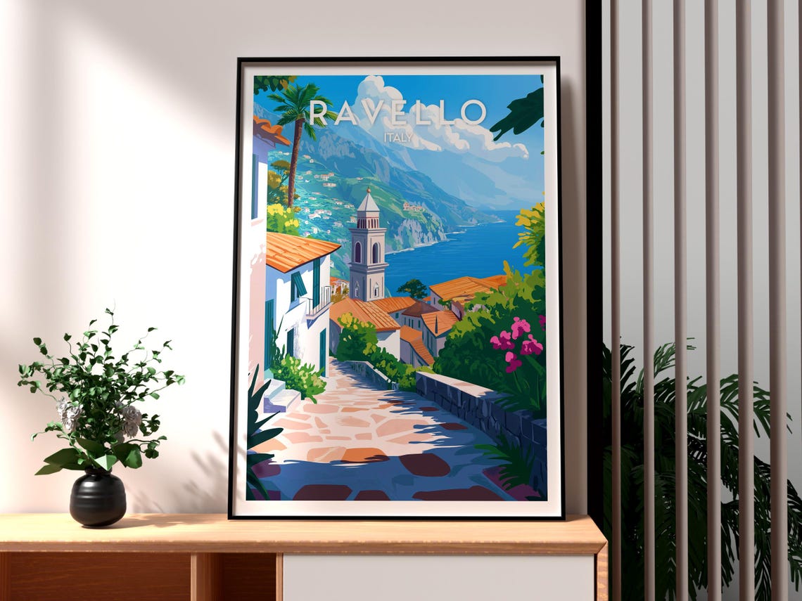 Ravello Italy Coastal Village Path Sea Cliffs Vintage Art Poster