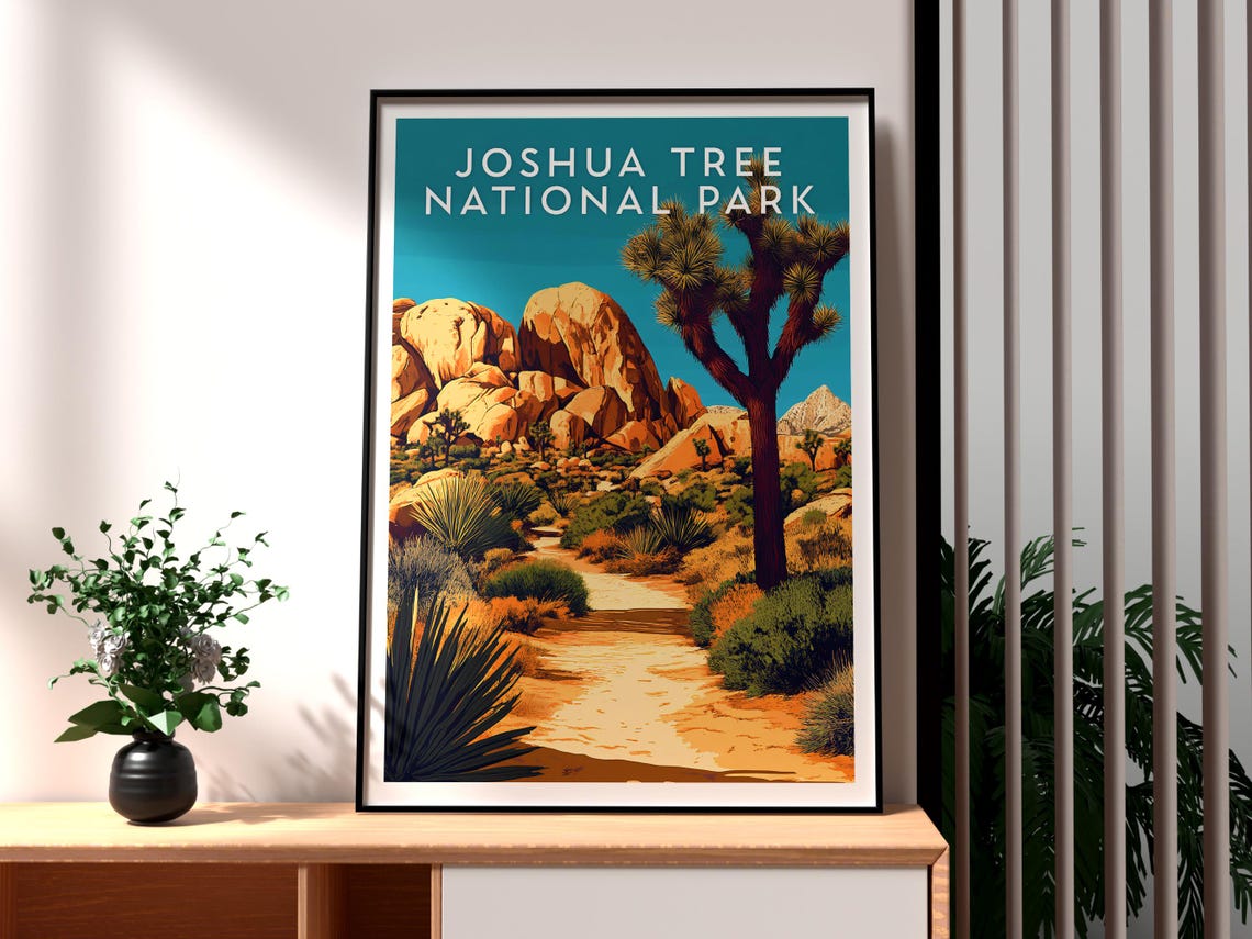 Joshua Tree National Park Desert Trail Rocks Yucca Cactus Scene Poster