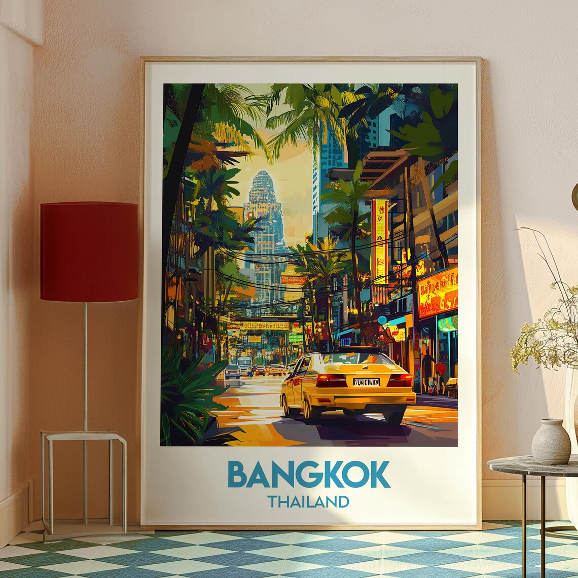 Bangkok Thailand Chinatown Night Taxi Neon Street Scene Poster - Image 2