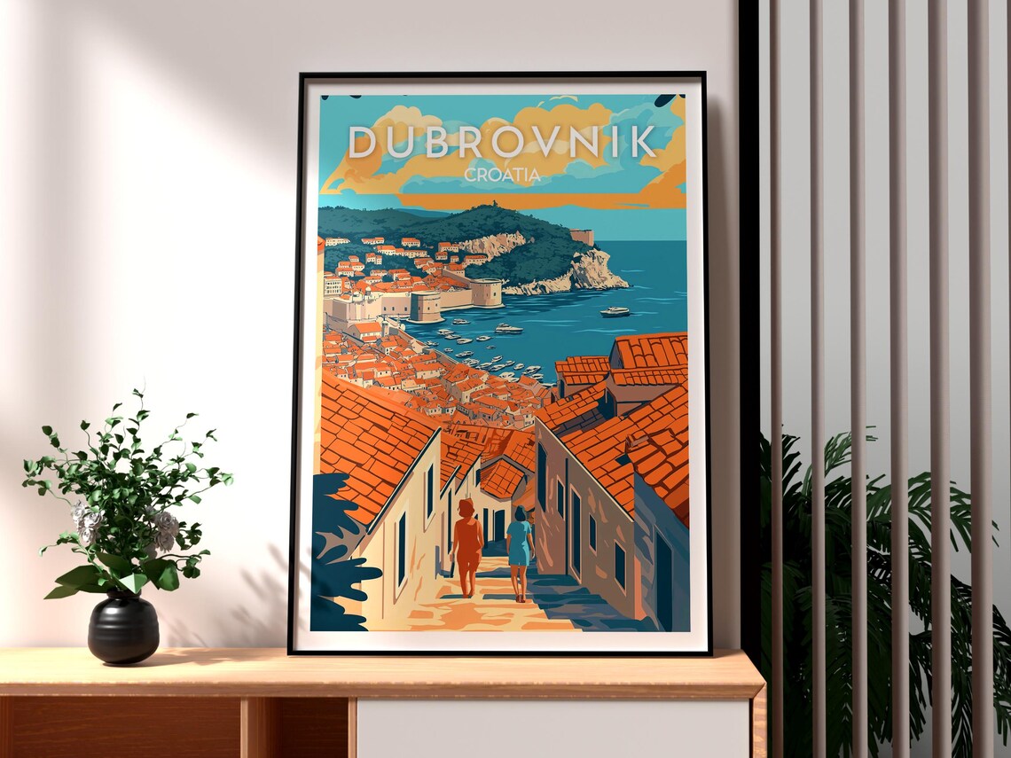 Dubrovnik Croatia Walled Old Town Harbor Terracotta Travel Poster
