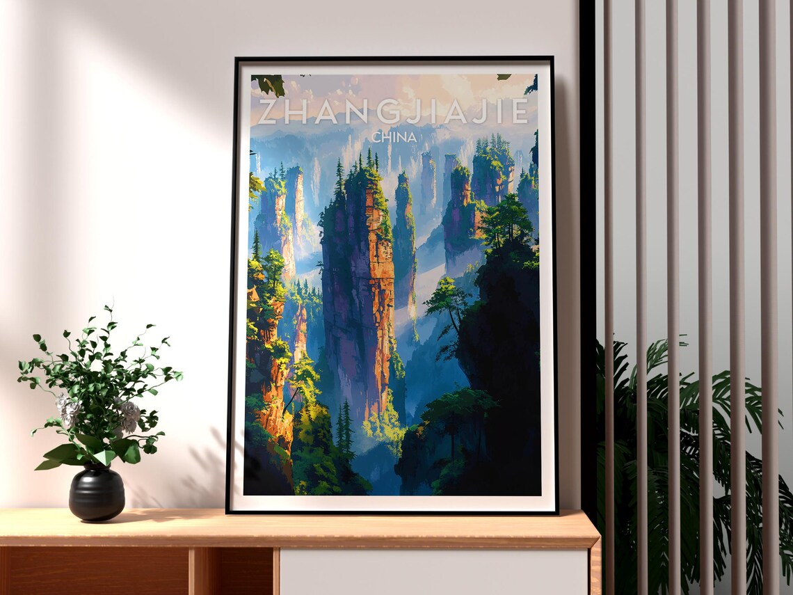 Zhangjiajie China Misty Stone Pillar Forest Mountains Travel Poster