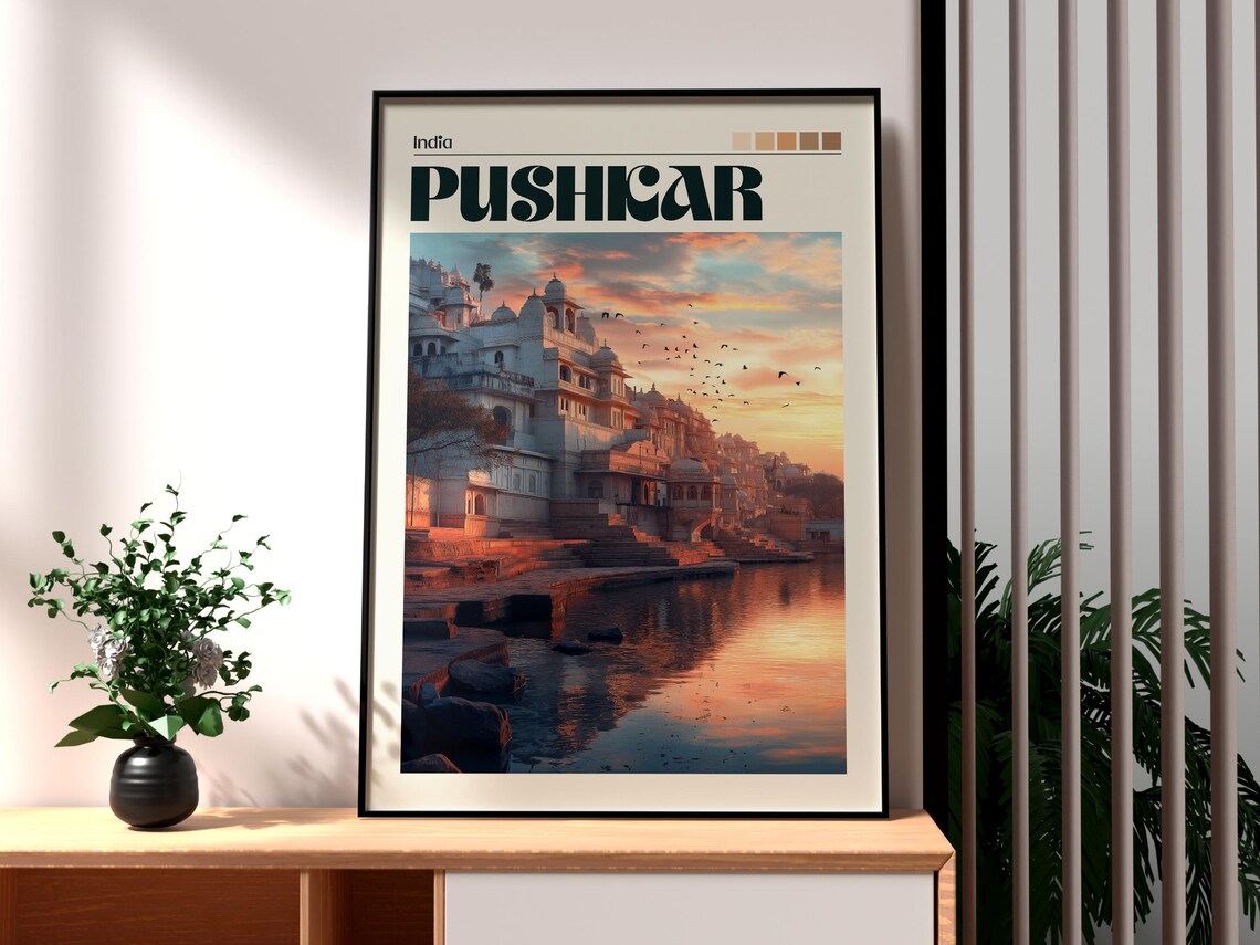 Pushkar India Sacred Lake Temples Sunrise Retro Travel Poster