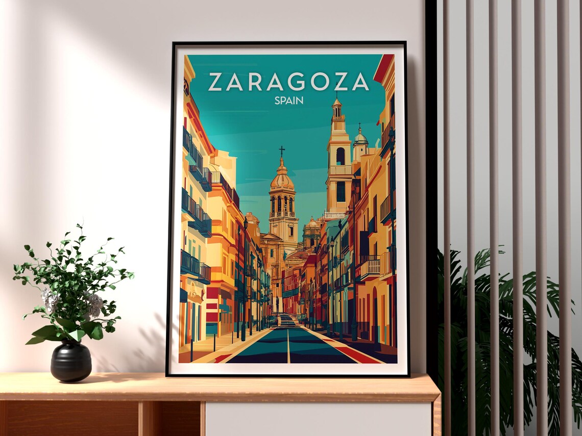 Zaragoza Spain Basilica Street Colorful Buildings Travel Poster