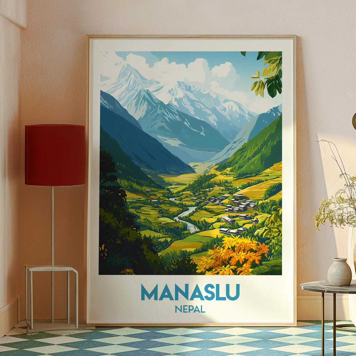 Manaslu Nepal Himalayan Valley Retro Illustrated Travel Poster - Image 2