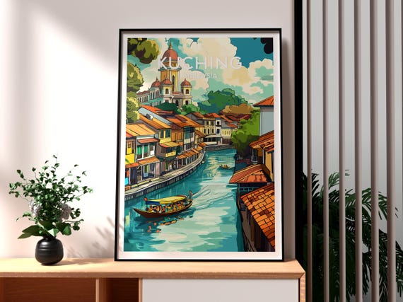 Kuching Malaysia Travel Poster, Sarawak City View