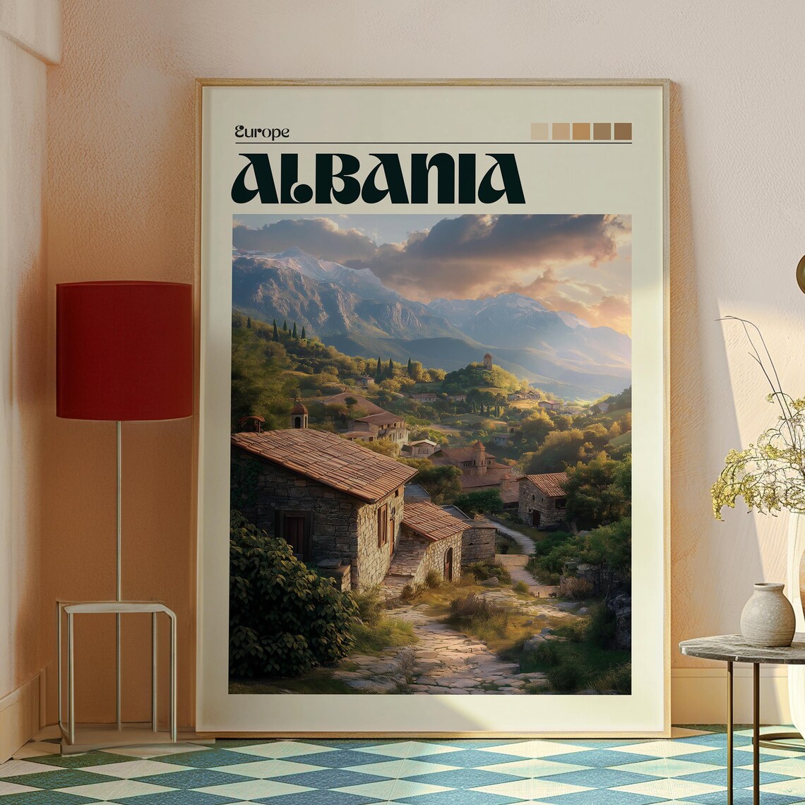 Albania Europe Mountain Village Stone Houses Sunset Travel Art Poster - Image 2