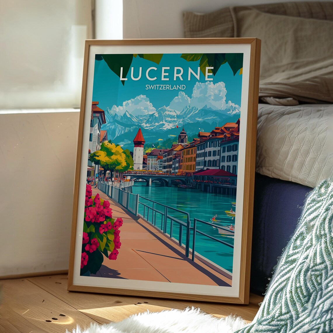 Lucerne Switzerland Chapel Bridge Lake Mountain View Travel Poster - Image 3