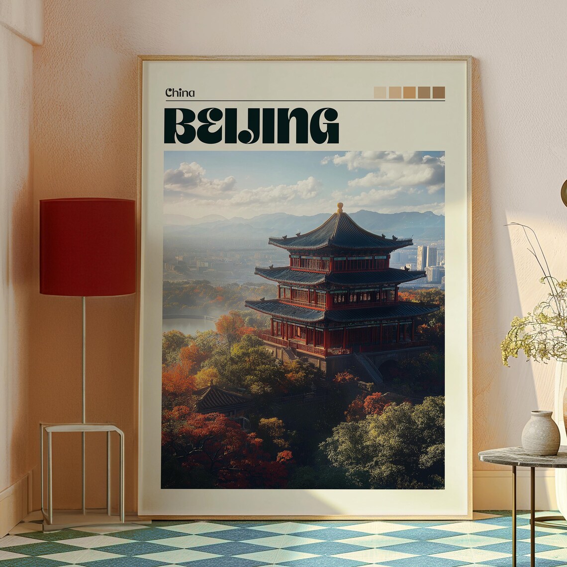 Beijing China Hilltop Temple Pagoda Autumn Skyline Travel Poster - Image 2