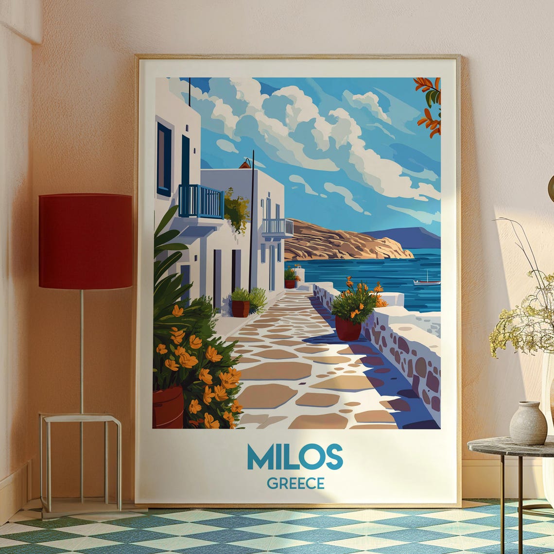 Milos Greece Whitewashed Village Lane Aegean Sea View Poster - Image 2