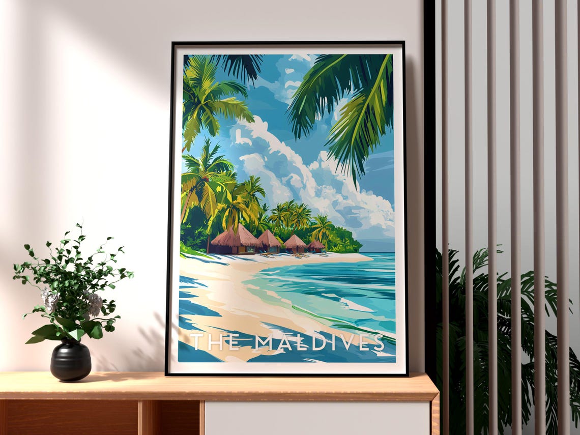 Maldives Tropical Palm Beach Huts Turquoise Sea Travel Poster
