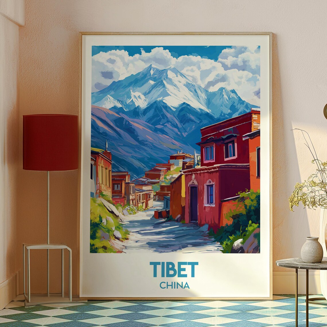 Tibet China Himalayan Village Snow Mountain View Travel Poster - Image 2