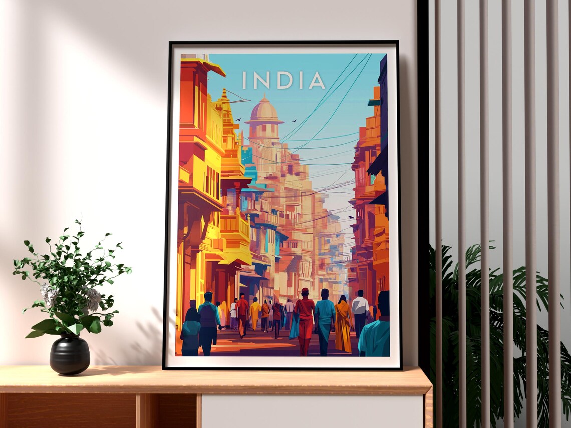 India Vibrant Street Scene Heritage Buildings Illustration Poster