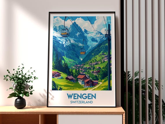 Wengen Poster Swiss Alps Print Wall Art Switzerland Skiing Chalets