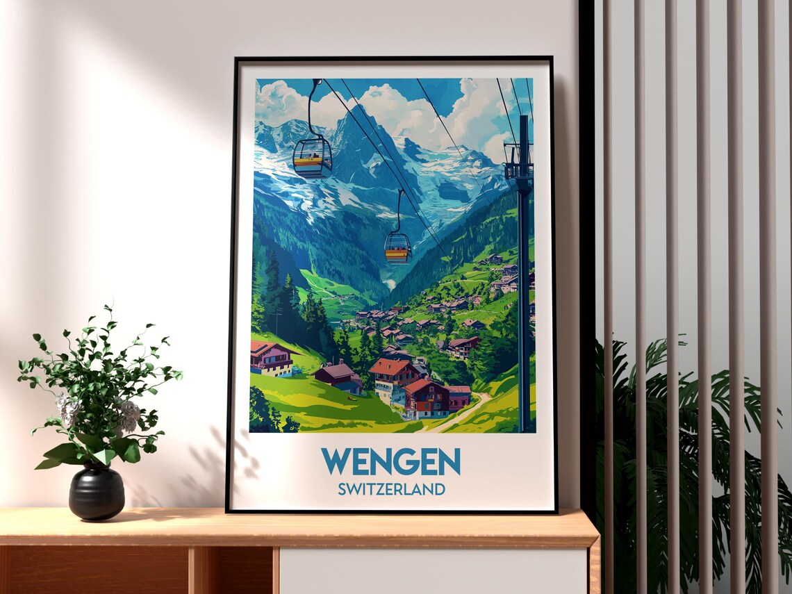 Wengen Switzerland Snowy Peaks Cable Cars over Alpine Chalets Poster