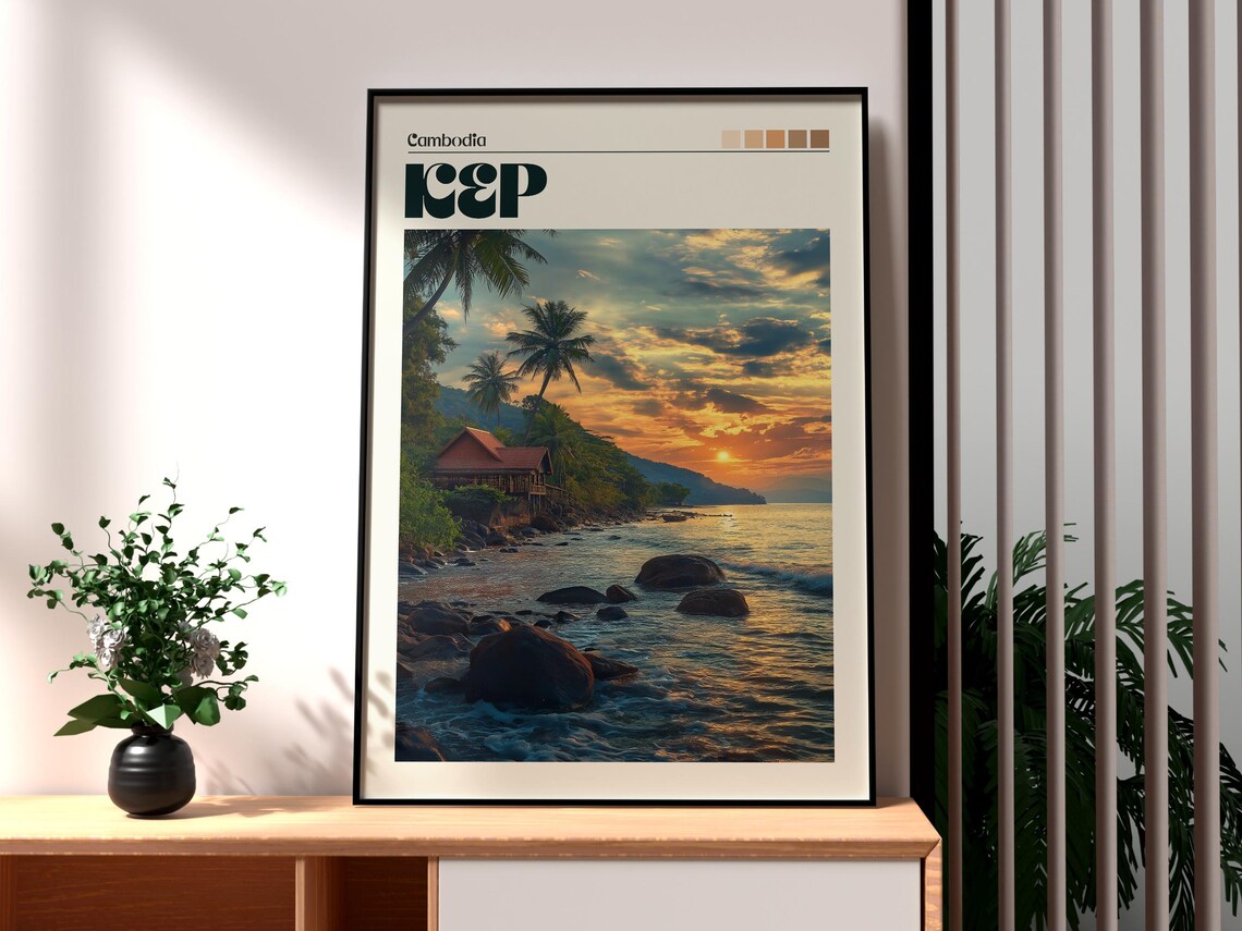 Kep Cambodia Rocky Coast Sunset Palm Beach Golden Hour Travel Poster