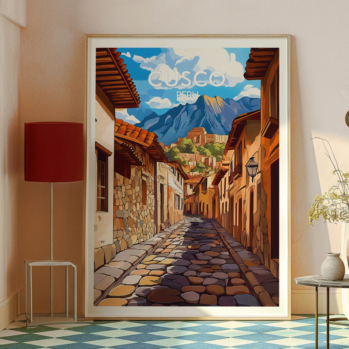 Cusco Peru Cobblestone Street With Andes Mountain View Travel Poster - Image 2