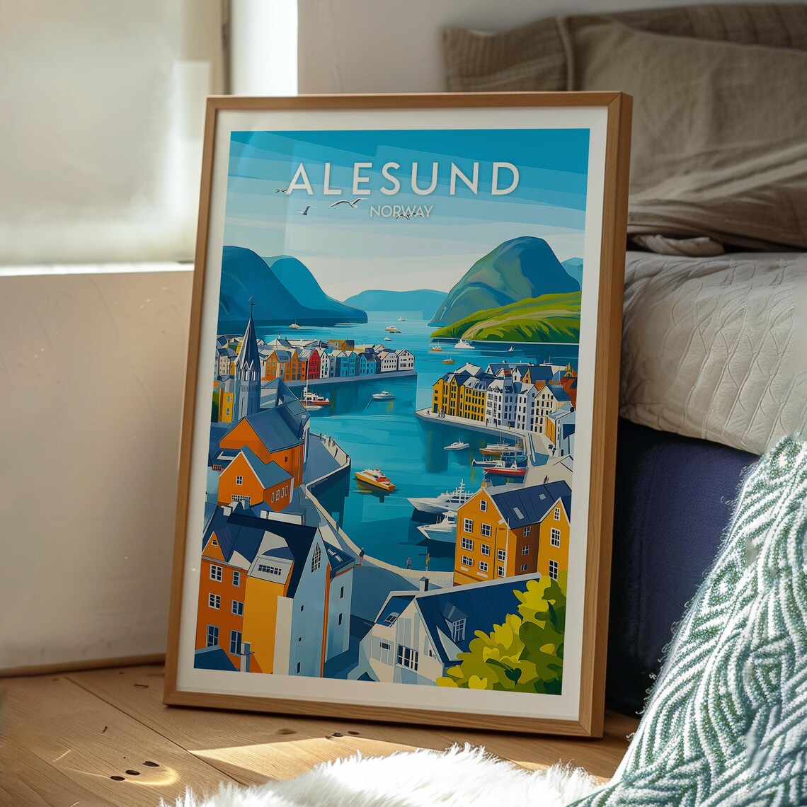 Retro Alesund Norway Fjord Harbor Colorful Houses Travel Poster - Image 3