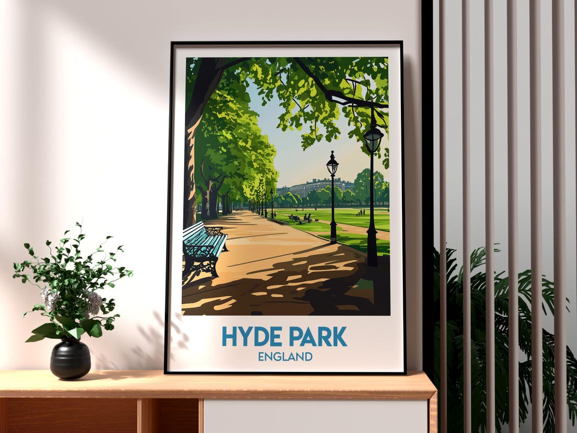 Hyde Park England Sunlit Tree Lined Park Bench Travel Poster