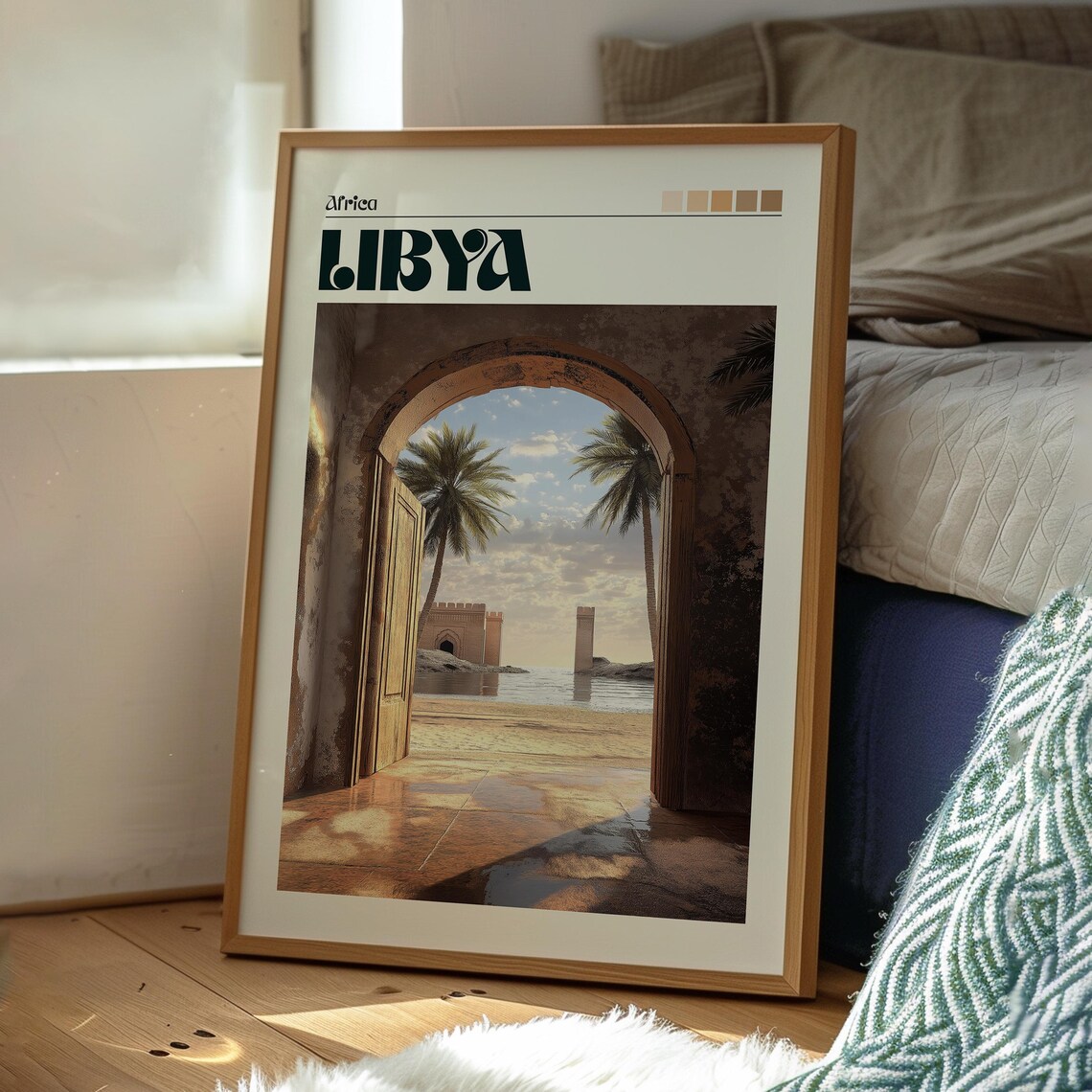 Libya Africa Ancient Archway Palm Beach Coastal Sunset Travel Poster - Image 3
