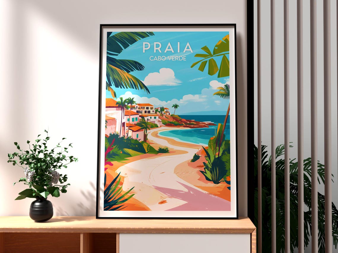 Praia Cabo Verde Curved Tropical Bay Beach and Palm Coast Poster