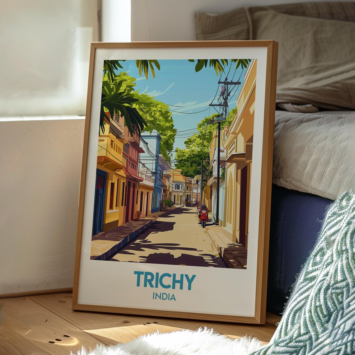 Trichy India Colorful Sunlit Street Scooter Sunny Travel Poster - Image 3