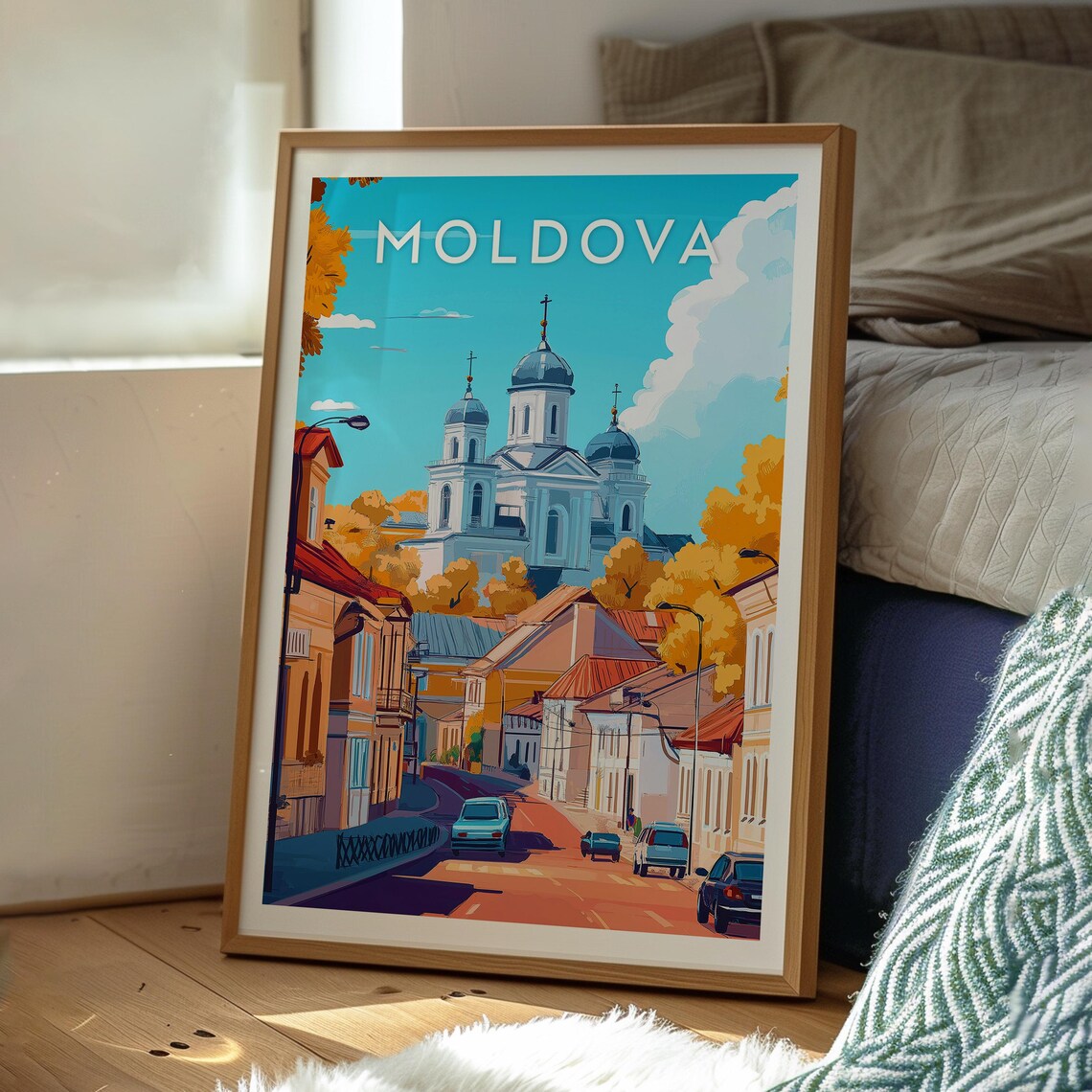 Moldova Orthodox Cathedral Blue Domes Old Town Street Travel Poster - Image 3