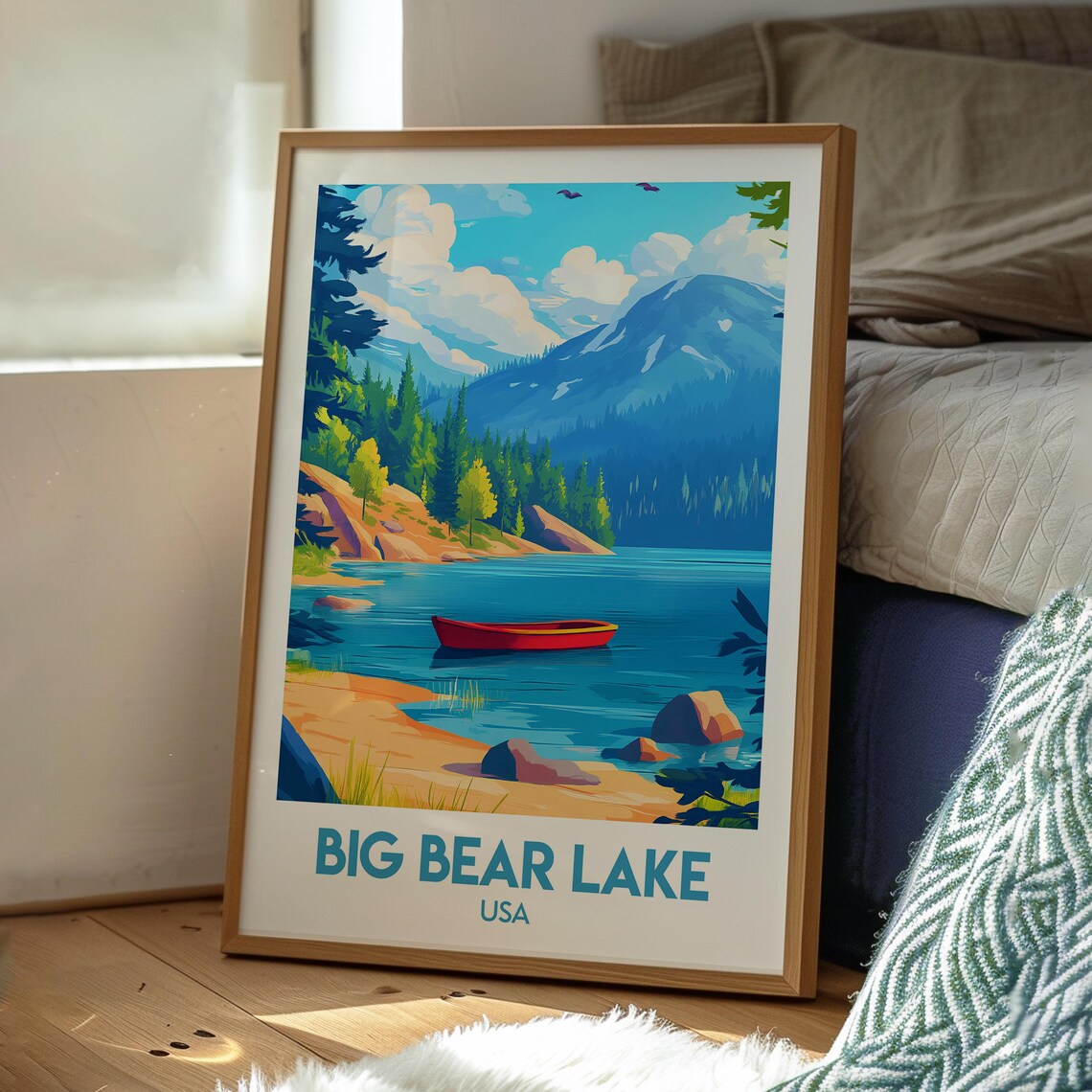 Big Bear Lake USA Pine Mountain Lake Canoe Cabin Travel Poster - Image 3