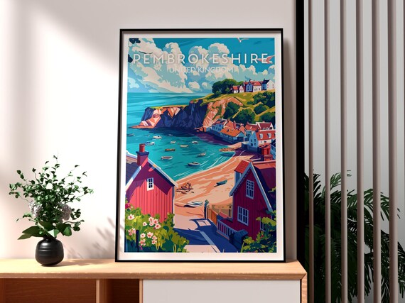 Pembrokeshire United Kingdom Coastal Village Harbor Beach Travel Poster