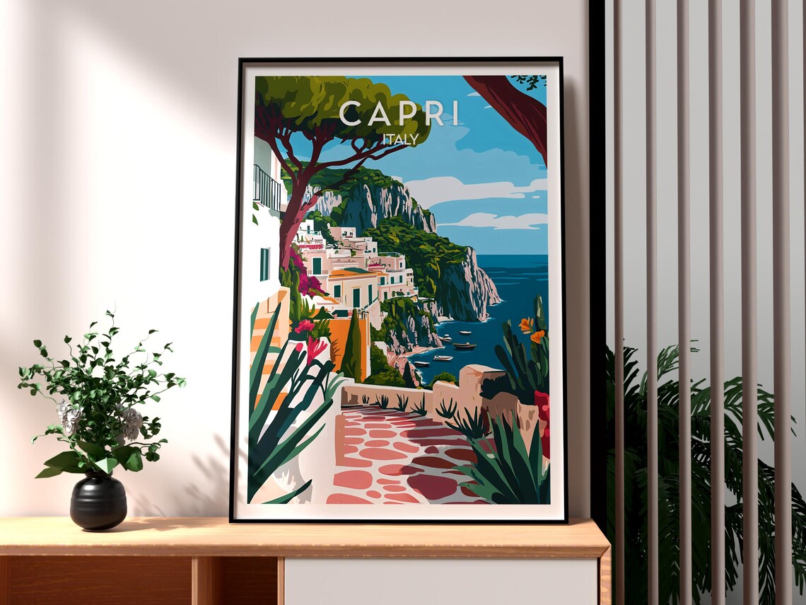 Capri Italy Cliffside Town Turquoise Sea Vintage Travel Poster