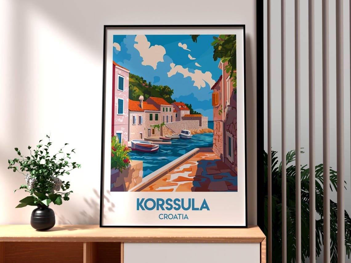 Korssula Croatia Colorful Waterfront Canal Boats Travel Poster