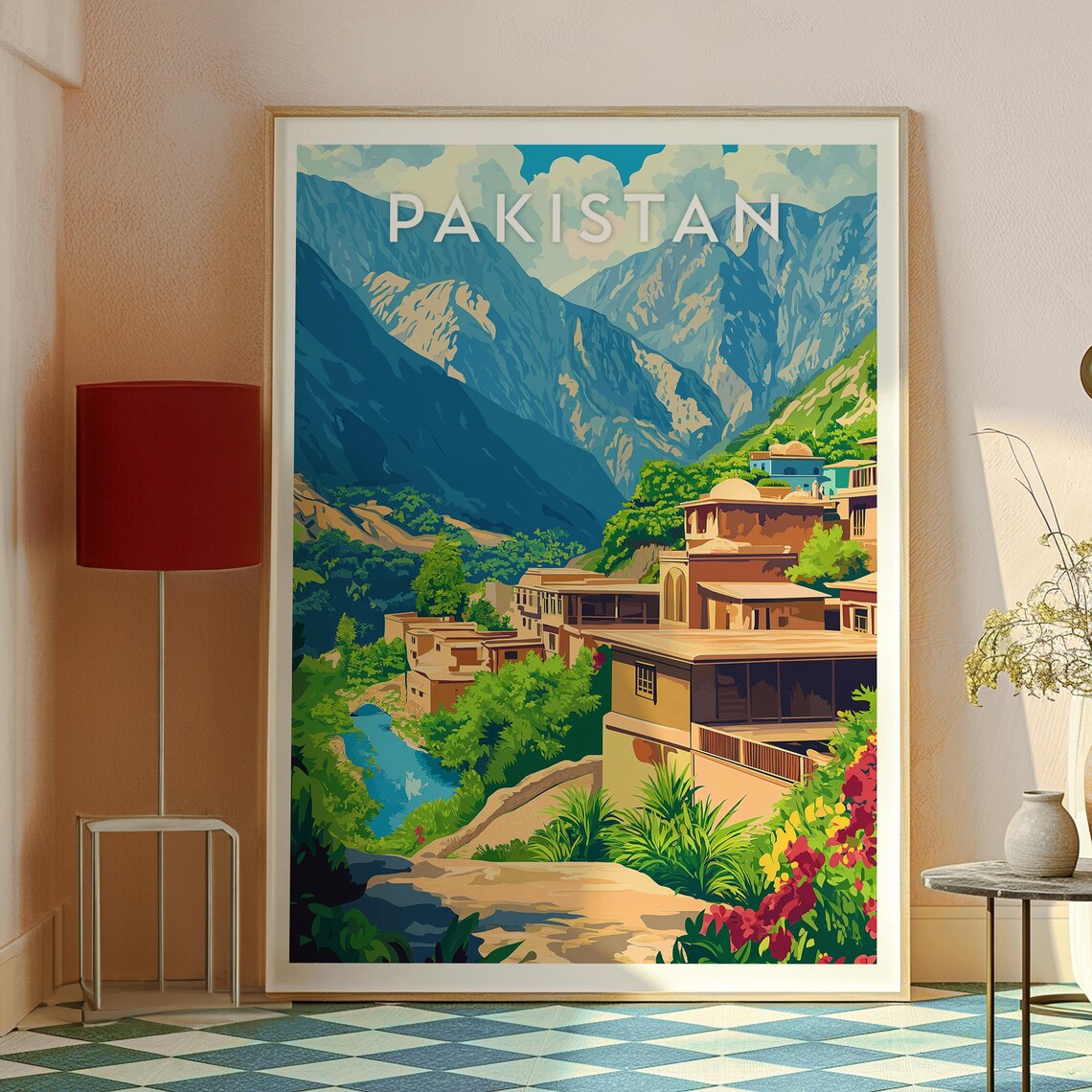 Pakistan Northern Valley Terraced Village River Peaks Travel Poster - Image 2