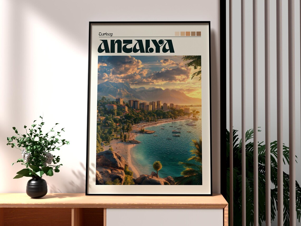 Antalya Turkey Beach City Mountain Sunset Vintage Travel Poster