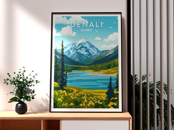 Denali Alaska Snowy Peak Mountain Lake Wildflower Meadow Travel Poster