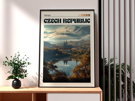 Czech Republic Europe Autumn River Town Church Spires Travel Poster