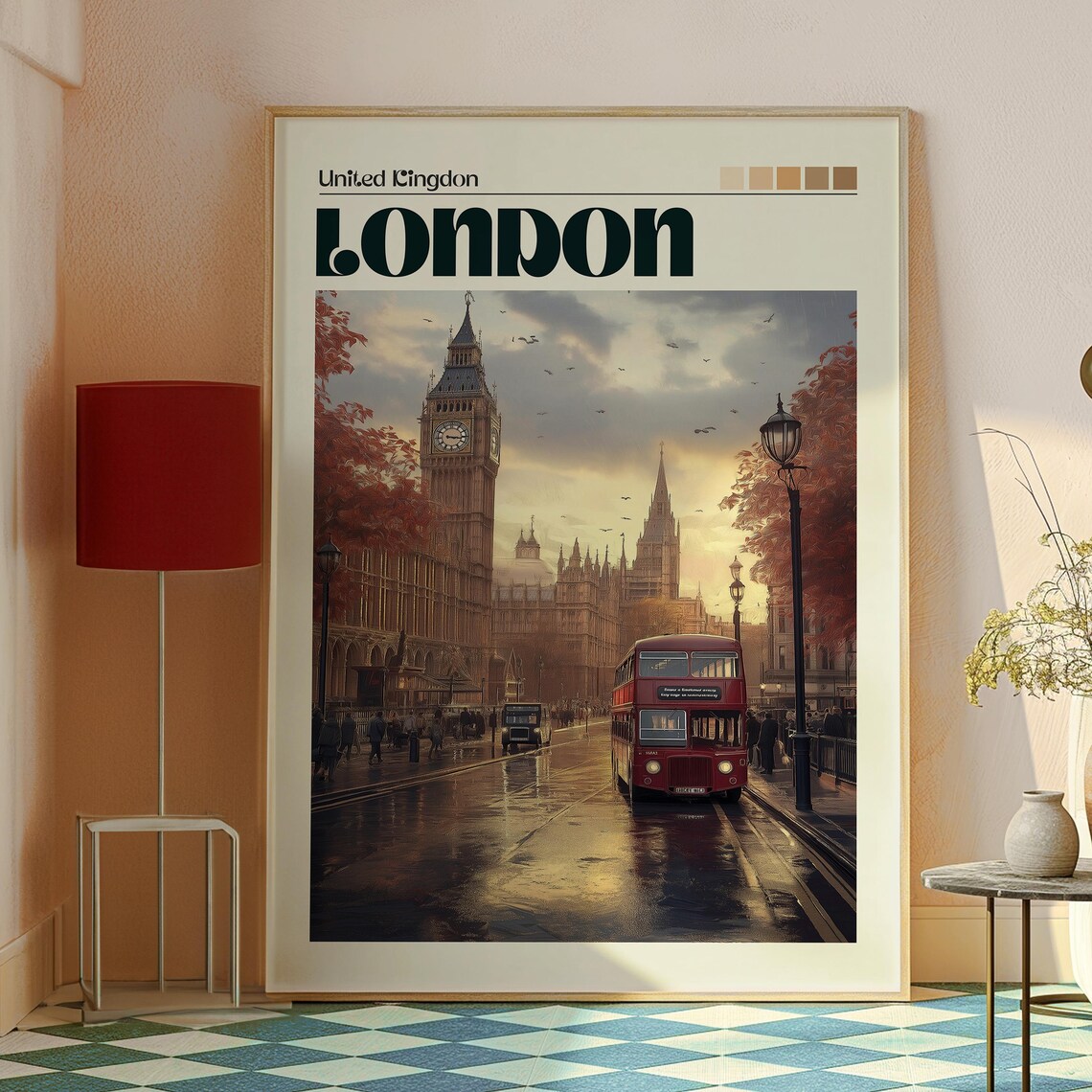 London UK Big Ben and Red Double Decker Bus Rainy Street Poster - Image 2