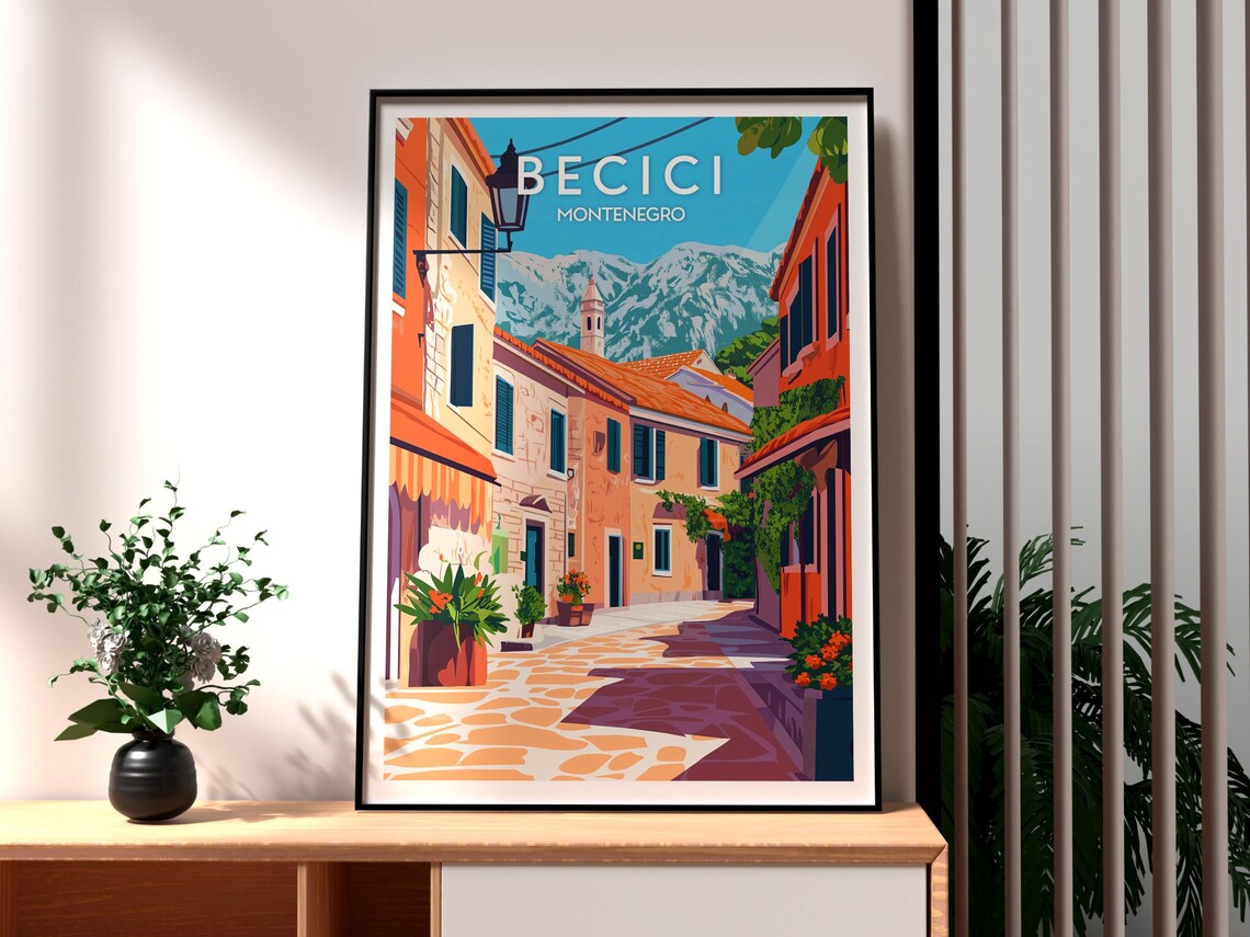 Becici Montenegro Charming Old Town Street Vintage Travel Poster